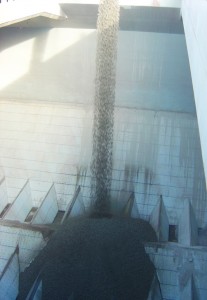 Granite loading into the polyurethane coated holds