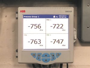 ABB monitoring unit displaying vacuum levels in forecourt tanks